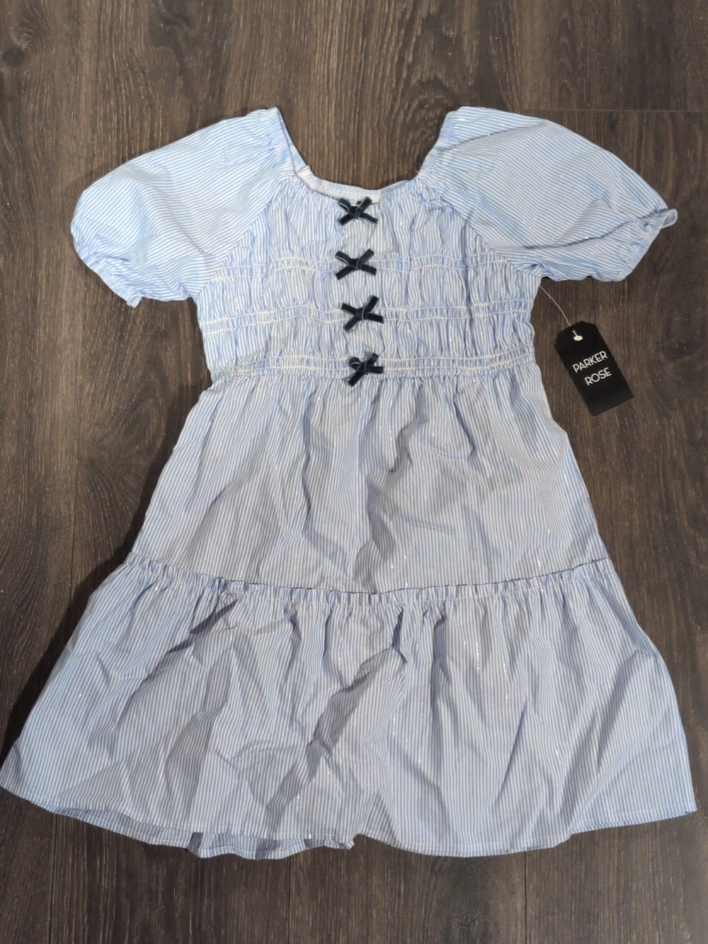 Parker Rose Girls Dress with Puff Sleeves Blue White Striped Size 6/7 NWT